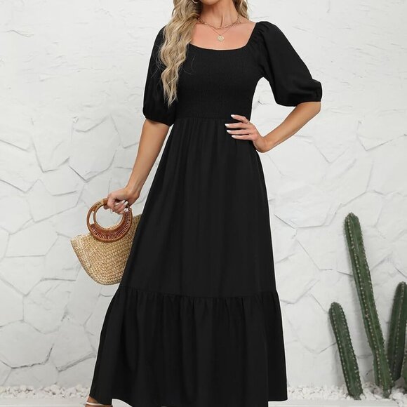 Summer Boho Smocked Maxi Dress Women Floral Tiered Flowy Casual Beach - Picture 5 of 9